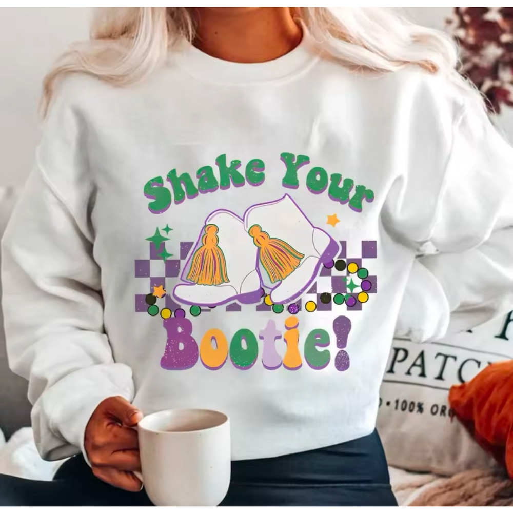 Shake Your Bootie Mardi Gras White Long Sleeve Shirt